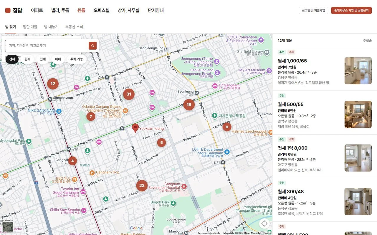 부동산 사이트의 지도 연동 화면